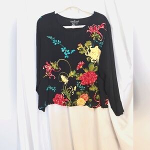 Carole Little Black/Red Floral Graphic Dark Romance Blouse Size 12P
